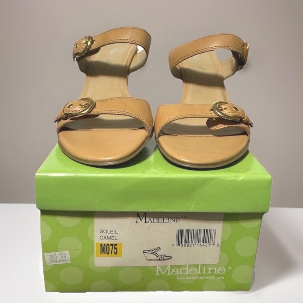Madeline Soleil Womens Sandals Camel Tan Leather Woven Wedge Buckle Size 7.5M